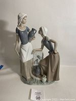 Front left angle view of the statue showing standing lady holding jug and leaning lady by the water well with jugs at base.