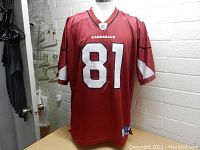Full front view of cardinal red Anquan Boldin number 81 jersey with stitched numbers and team name, displayed on mannequin torso against white brick wall.