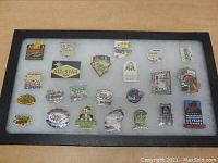 Full view of all 27 collector pins arranged on white padding inside a black display frame