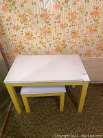 Set of three tables showing white tops with scratching and yellow painted legs against floral wallpaper.