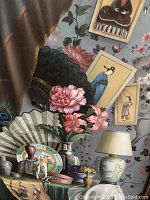 Close-up of the painting showing detailed depiction of Asian fans, flowers, porcelain lamp, decorative plates, and figurines arranged on a table with patterned wallpaper background.