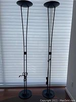 Two tall, slim black modern floor lamps with round bases and circular shades, standing side-by-side indoors in front of closed blinds.