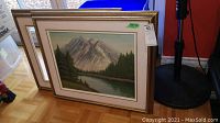 Framed painting showing a mountain scene with pine trees and lake, placed on the floor leaning against a wall with a green price tag.