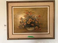 Framed oil painting showing entire artwork hanging on a wall with visible dimensions label 17.5 x 23.