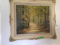 Framed original oil painting of a forest path with autumn foliage, signed by artist A. Lindsay. Shows overall artwork and frame condition.