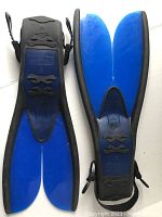 Pair of Aqua Lung Blast fins showing the blue blades and black foot pockets with heel straps.