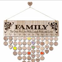 Full view of the wooden family birthday reminder calendar wall hanging with several discs attached under each month.