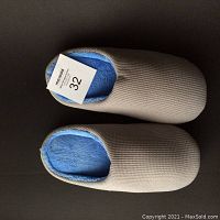 Top view of gray slippers with blue inner lining showing the pair and MaxSold tag with size 32