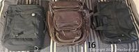 Photo of three computer carrying cases including a brown backpack style and two black cases lying flat