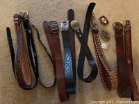 Top view of all nine leather belts arranged horizontally showing variety of buckles and belt leather types