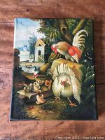 Front view of oil on canvas painting depicting rooster, hen, chicks, rural pond scene with signature 'Hunt' at lower left