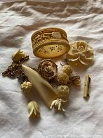 All ten ivory-colored carved jewelry pieces displayed on fabric