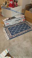 Two RCA outdoor antennas in original packaging and blue floral rug on carpeted floor