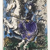 Photo showing the full framed offset lithograph of 'Jacqueline on White Horse' featuring a woman in purple riding a white horse with colorful background details