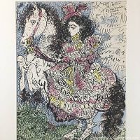 Full view of the framed lithograph showing the woman in dress on white horse with signature and date.