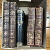 Five antique books arranged upright in a box, titles visible on spines: two volumes of Zell's Encyclopedia and Dictionary, Great Thoughts 1897, two volumes of Family Devotions.