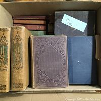 Top view of a box containing assorted antique books with various bindings and colors