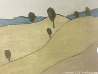 Close-up of lithograph showing rolling hills and sparse trees