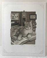 Full image of cat etching printed on BKF Rives paper, visible signature and edition number below artwork.