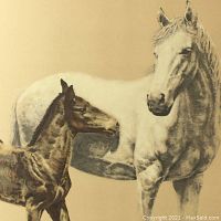Close-up photo of the lithograph showing the detailed depiction of an adult horse and a foal in naturalistic style on a beige background.