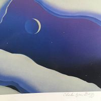 Close-up of part of the print showing night sky with crescent moon and artist signature in pencil at bottom right.