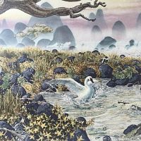 Close-up of lithograph showing swan in pond, detailed vegetation, and textured lithograph surface.