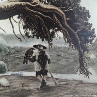 Close-up of the lithograph showing a detailed figure wearing a traditional hat carrying a bird, walking near trees and a water body.