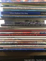 Spine view of multiple children's books stacked, showing titles and authors including Babar series, Jane Hissey books, When Elephant Was King, etc.