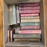Top down view of the box of assorted antique books, showing bindings with titles and condition of the spines.