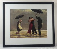 Full view of the framed print showing the entire beach scene with four people and umbrellas.