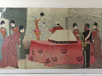 Full view of the woodblock print showing the seated woman, military officer, and other figures with a pink tablecloth and floral background.