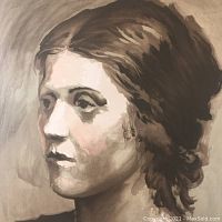 Full view of stone lithograph showing sepia portrait of a woman
