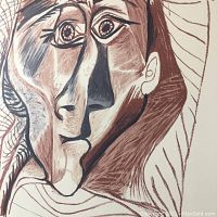 Close-up of lithograph portrait showing cubist facial features and overall condition