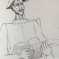 Close-up image showing upper part of lithograph: Picasso cubist figure with hat holding guitar, black ink lines on sepia background.