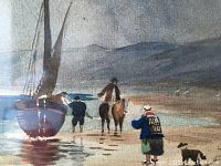Close-up detail of figures walking along the shore, one on horseback and a dog, with a sailboat nearby in the watercolor.