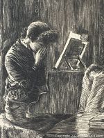 Tight crop of the etching showing the figure and piano with shading details.