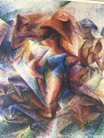 Close-up of the cubist/futurist painted scene from the poster showing angular and dynamic shapes of the soccer player artwork.