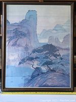 Full frontal image of framed Japanese landscape print showing the overall artwork and frame.