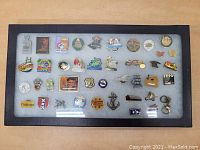 Wide shot of 40 assorted collectible pins on a white display pad in a rectangular frame (case not included). Pins depict various designs including Route 66, anchors, ships, animals, and event badges.