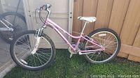 Left side view of the pink Trek bicycle showing the frame, wheels, and handlebars.