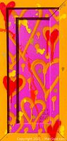 Close-up photo showing vibrant purple background with red hearts spray painted, yellow and orange paint drips, signed by artist bottom right.