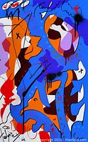 Partial close-up of the artwork focusing on the central and upper right color blocking and spray paint details.