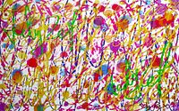 Another close-up section of the artwork emphasizing the colorful overlapping calligraphic strokes and paint splatters.