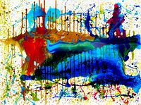 Close-up of full front view showing abstract multicolor dripping patterns in blue, green, red, gold on white canvas