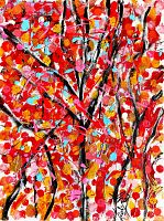 Close-up abstract detail showing multicolor red, pink, gold and turquoise splatters with black branch strokes