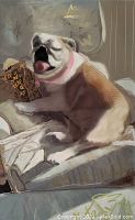 Cropped view of bulldog artwork showing the dog holding a patterned cushion