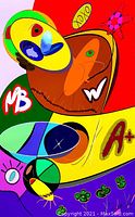 Close-up photo of the colorful abstract street art with stylized facial features, geometric shapes, and 'A+' symbol on a red and purple background.