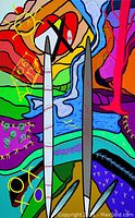 Close-up of the vibrant abstract painting showing dominant two vertical blade-like forms and colorful background composition.