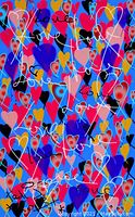 Detailed close-up of portion of the painting showing layered hearts in blue, red, pink, yellow, black, and white outlines with repeated cursive 'Love' scripts in white and black ink.