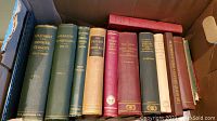 Image showing antique medical books in a box with various titles focused on gynecology, surgery, and anatomy.